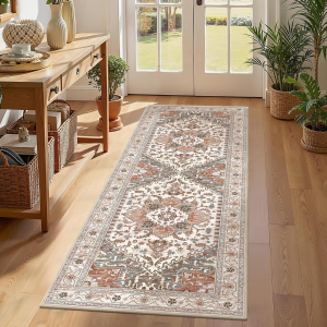 Washable Runner Rug, 2X6 Non-Slip Boho Vintage Hallway Rug Runner with Rubber Backing, Low Pile Faux Wool Distressed Carpet Runner for Bedroom, Kitchen, Laundry, Entrance, Ginger Grey
