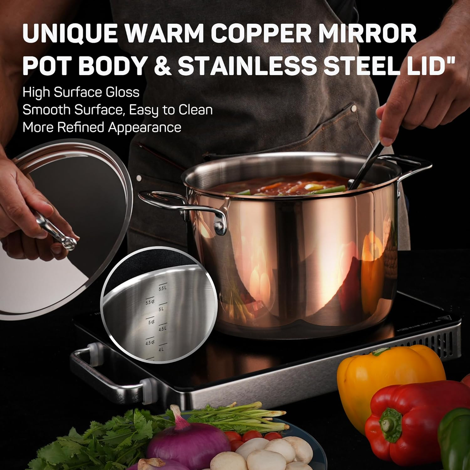 Whole Tri-Ply 18/10 Stainless Steel Cookware Set, 10 Pcs Elegant Copper Pots and Pans Set, Induction Cookware, Frying Pans, Saucepans & Stock Pot with Lid, Ideal Gift for Wedding, Housewarming - Image 6