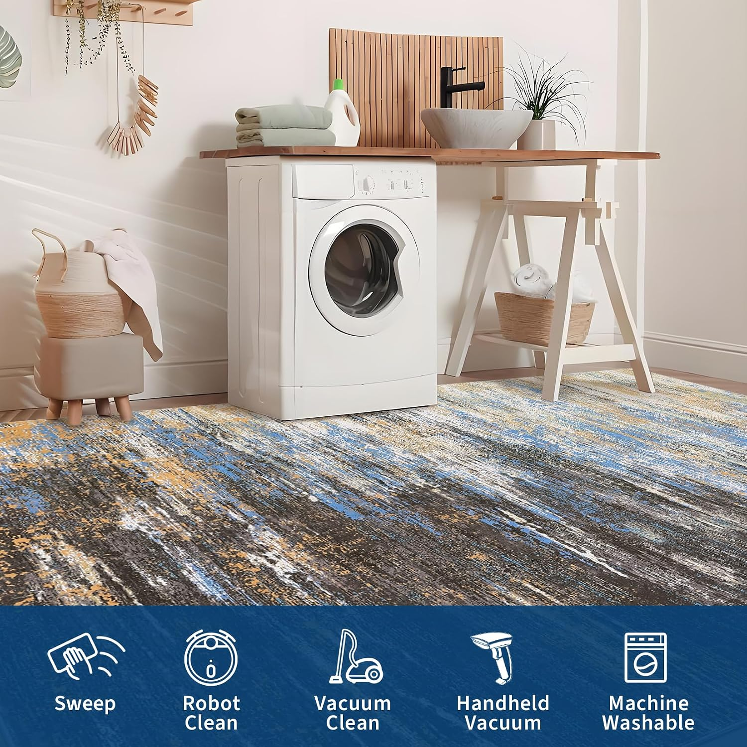 Modern Abstract Living Room Rug 10X13, Machine Washable Large Carpet, Non Slip Low Pile Throw Rug, Ultra Soft Indoor Floor Carpet for Bedroom Dining Room Table Home Decor, Blue/Brown - Image 5