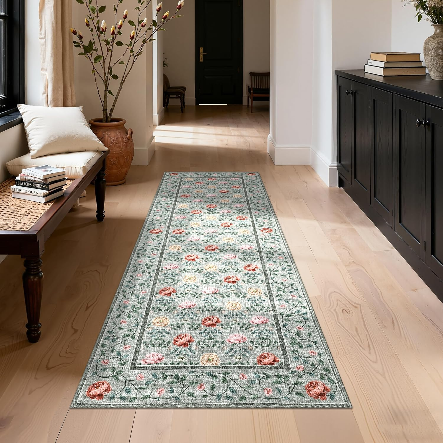 Runner Rug for Hallways 2X6 Kitchen Rugs, Non Slip Washable Vintage Floral Runners Soft Low Pile Botanical Print Stain Resistance Long Carpet for Entryway Bedroom, Grey Green - Image 3