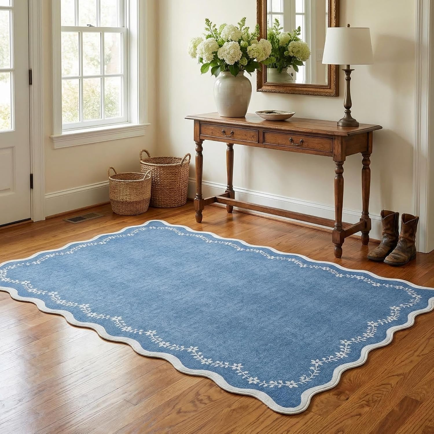 3X5 Scalloped Washable Area Rug for Bedroom,Soft Solid Navy Entryway Rug Non Slip Low Pile Carpet Stain Resistant Throw Rug for Bedside Kids Room Office Dining Room - Image 3