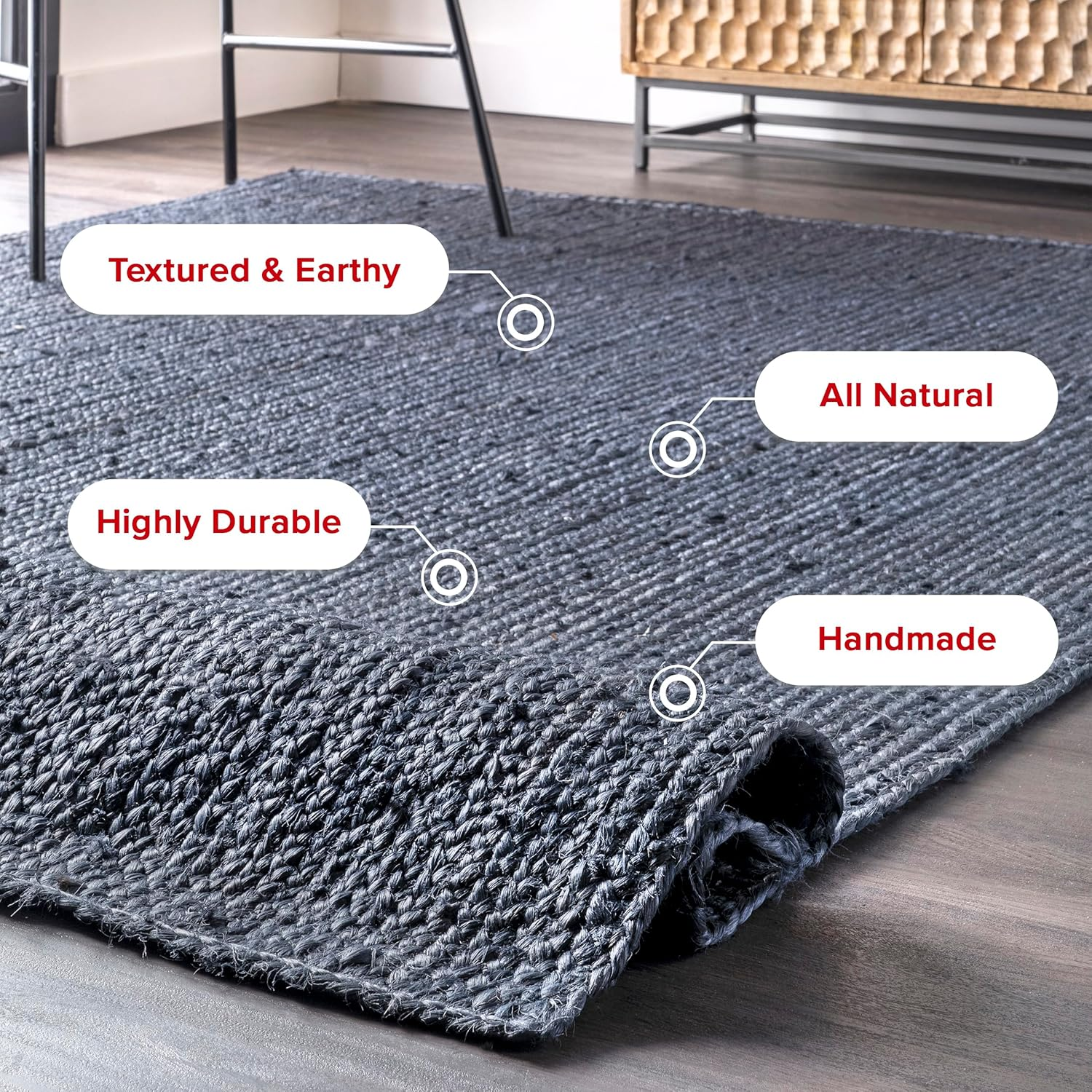2X6 Rigo Jute Hand Woven Area Rug, Navy, Solid Farmhouse Design, Natural Fiber, for Bedroom, Living Room, Dining Room, Hallway, Office, Kitchen, Entryway - Image 7
