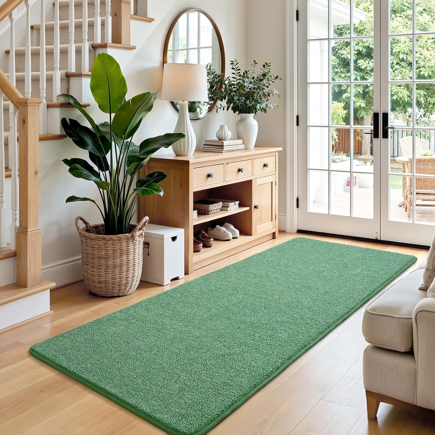 Soft Hallway Runner Rug, 2X8 Bedside Runner Rugs for Bedroom Living Room Non Slip Washable Modern Memory Foam Rug Low Pile Kitchen Runner Rugs for Nursery Dorm Kids Room Decor Green - Image 2