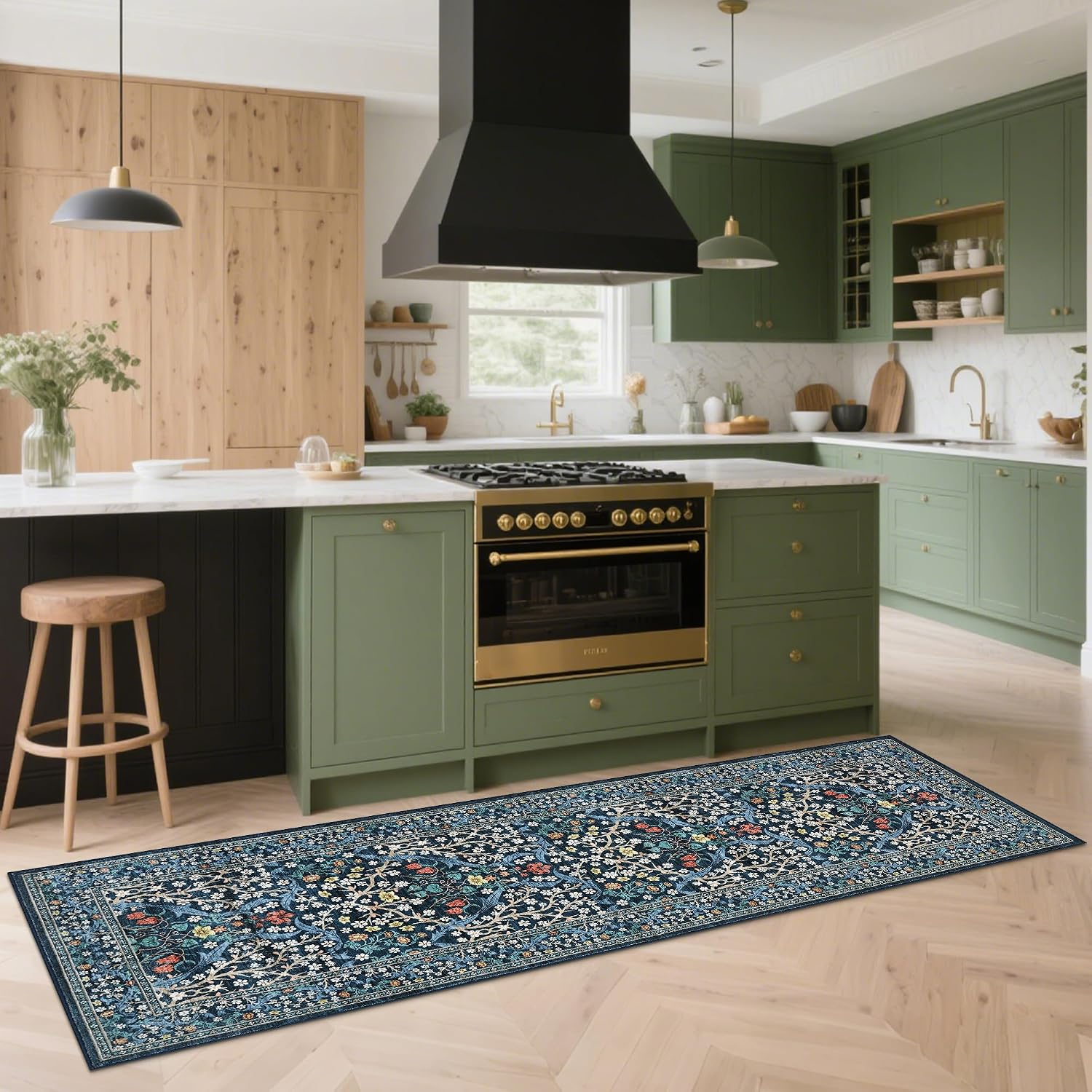 Kitchen 2X6 Runner Rug, Floral Washable Rugs for Hallways Non Slip Stain Resistant, Boho Soft Rug Botanical Carpet for Entryway, Laundry Room, Bedroom Floor Mat, Dark Blue - Image 8