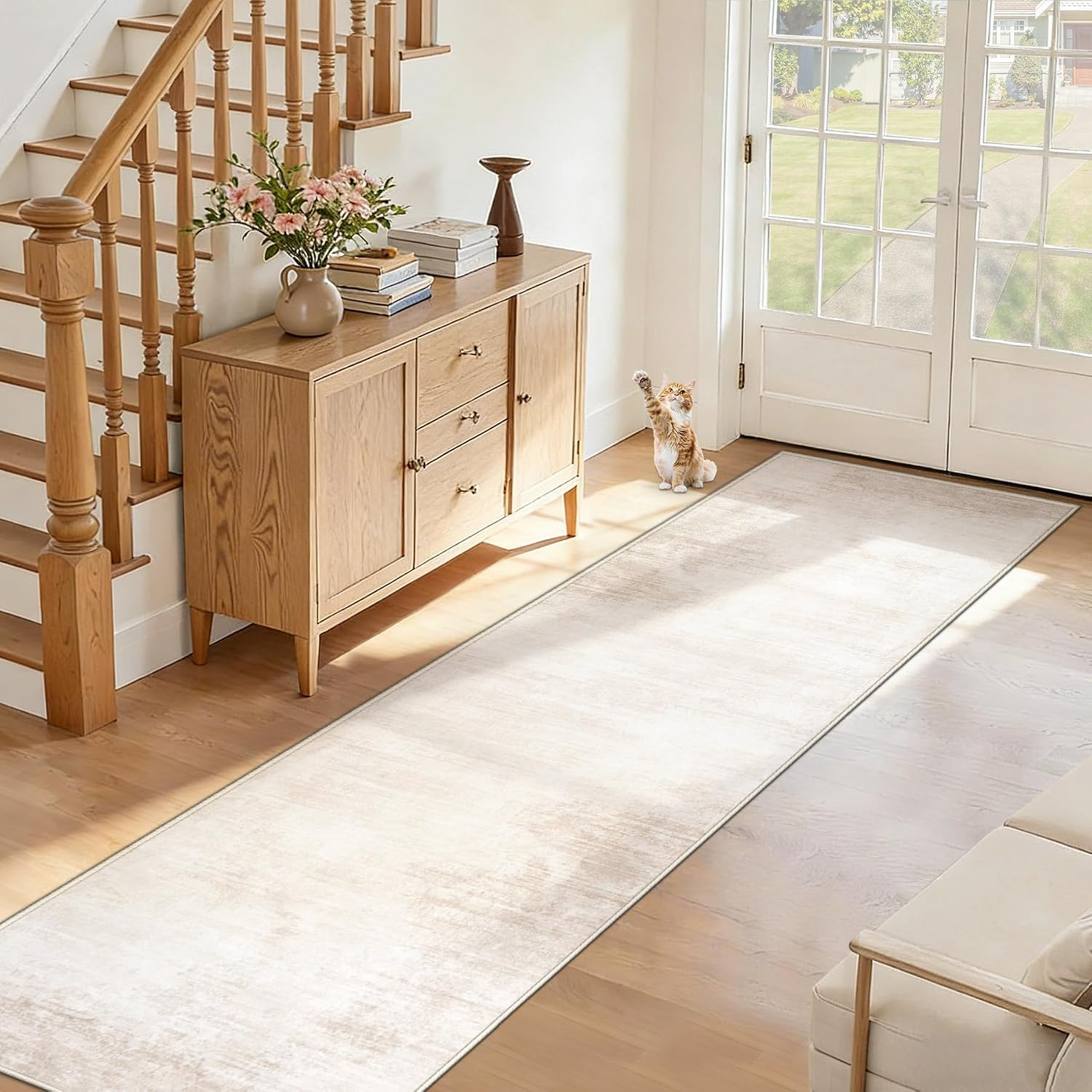 2X8 Runner Rug Washable Hallway Rugs: Modern Abstract Kitchen Rug Soft Non Slip Neutral Long Runners Stain Resistant Indoor Carpet for Entryway Bedroom Laundry Home(Beige,2'X8')