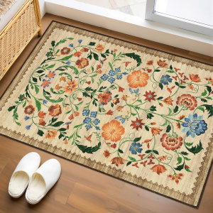 Floral Rug for Entryway 2X3 Rugs Machine Washable Boho Small Area Rug Non-Slip Low-Pile Front Door Soft Mat for Entrance, Bedroom, Kitchen, Laundry, Bathroom, Beige