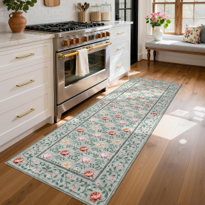 Runner Rug for Hallways 2X6 Kitchen Rugs, Non Slip Washable Vintage Floral Runners Soft Low Pile Botanical Print Stain Resistance Long Carpet for Entryway Bedroom, Grey Green