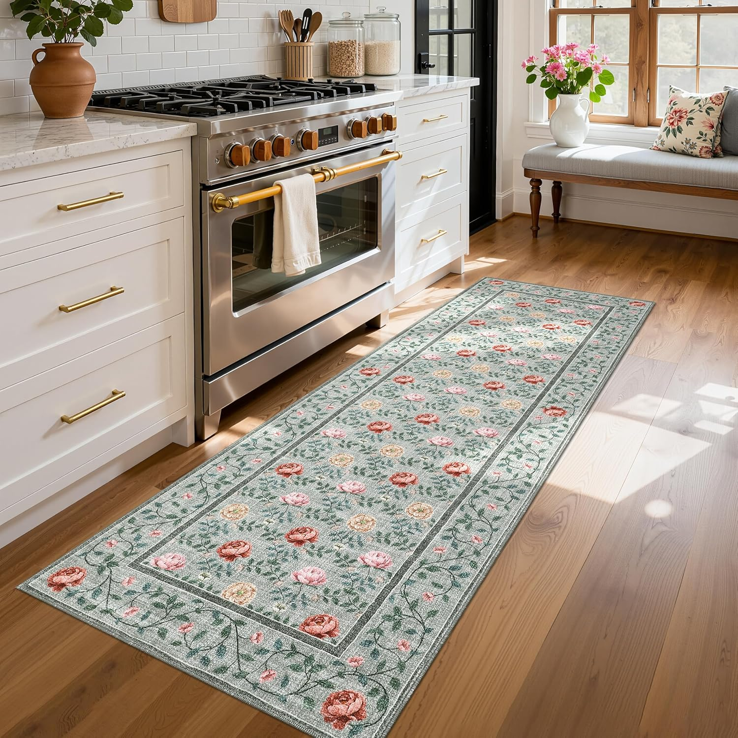 Runner Rug for Hallways 2X6 Kitchen Rugs, Non Slip Washable Vintage Floral Runners Soft Low Pile Botanical Print Stain Resistance Long Carpet for Entryway Bedroom, Grey Green