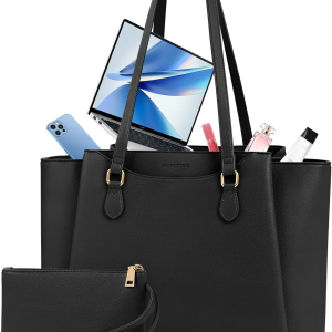 Laptop Bag for Women 15.6 Inch, Waterproof Faux Leather Work Tote Bag with Clutch Purse, Large Office Bag for Commute, College, Black