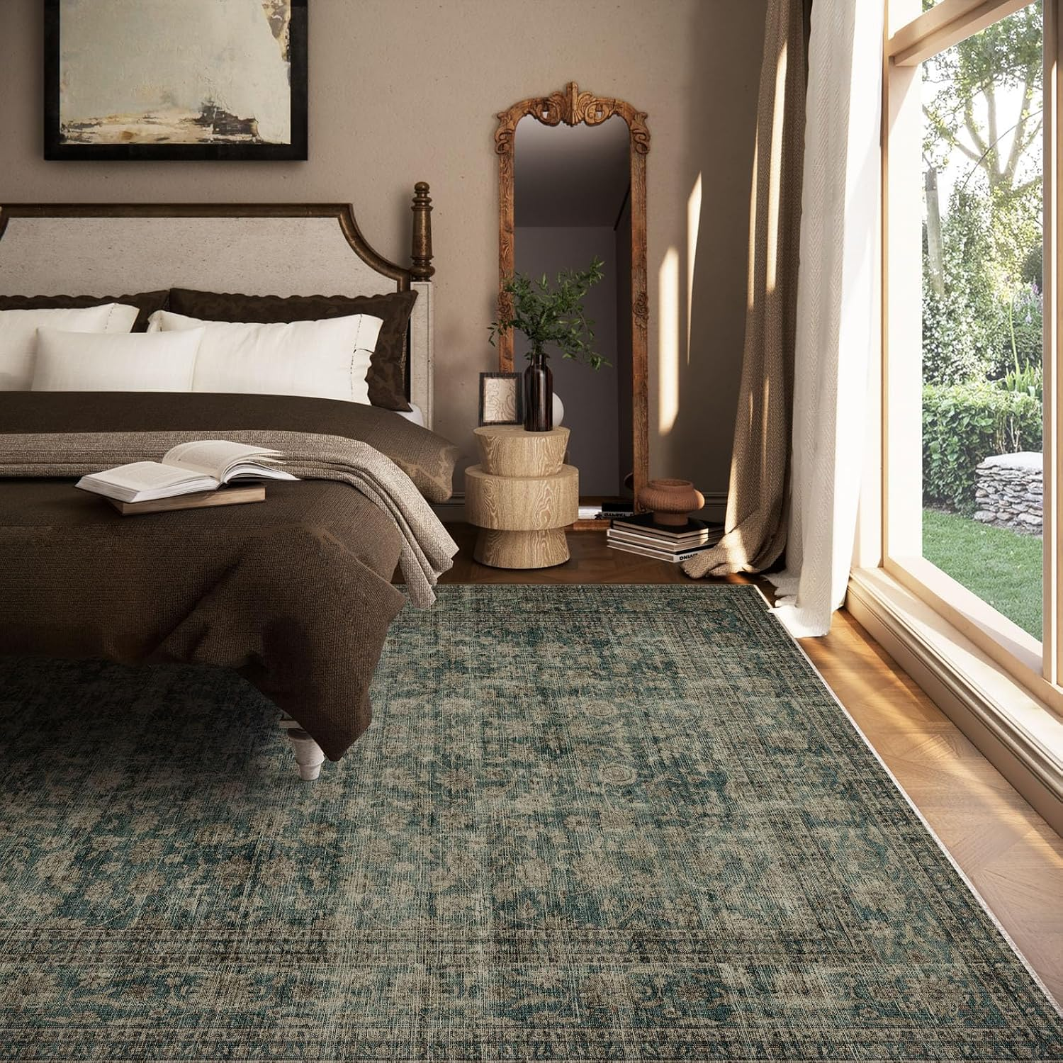 Washable Living Room Area Rug: 6X9 Area Rugs for Bedroom Vintage Stain Resistant Non Slip Low Pile Lightweight Boho Carpet for Kitchen Dining Room Farmhouse Kids Room Nursery - Image 3