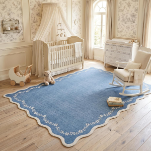 4X6 Blue Scalloped Washable Area Rug for Nursery Room, Solid Floral Soft Bedroom Rug Non Slip Low Pile Small Carpet Stain Resistant Throw Rug for Dorm Kids Room Office Dining Room
