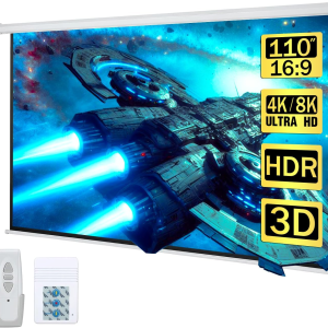 110" Motorized Projector Screen Electric Diagonal Automatic Projection 16:9 HD Movies Screen for Home Theater Presentation Education Outdoor Indoor W/Wireless Remote, Wall/Ceiling Mount (White)