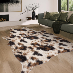 Faux Fur Cowhide Rug: Fluffy Cow Print 5.2X7 Feet Washable Cow Hide Rug for Living Room Bedroom Animal Print Skin Rustic Western Décor Black and Brown