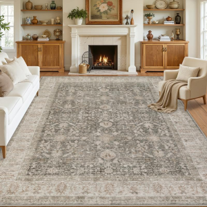 Area Rugs 9X12 Living Room: Vintage Boho Neutral Washable Rug Indoor Soft Large Area Rug Carpet for Bedroom Nursery Farmhouse Dining Room Office Floor Non-Slip Low Pile under Table Rug Warm Taupe