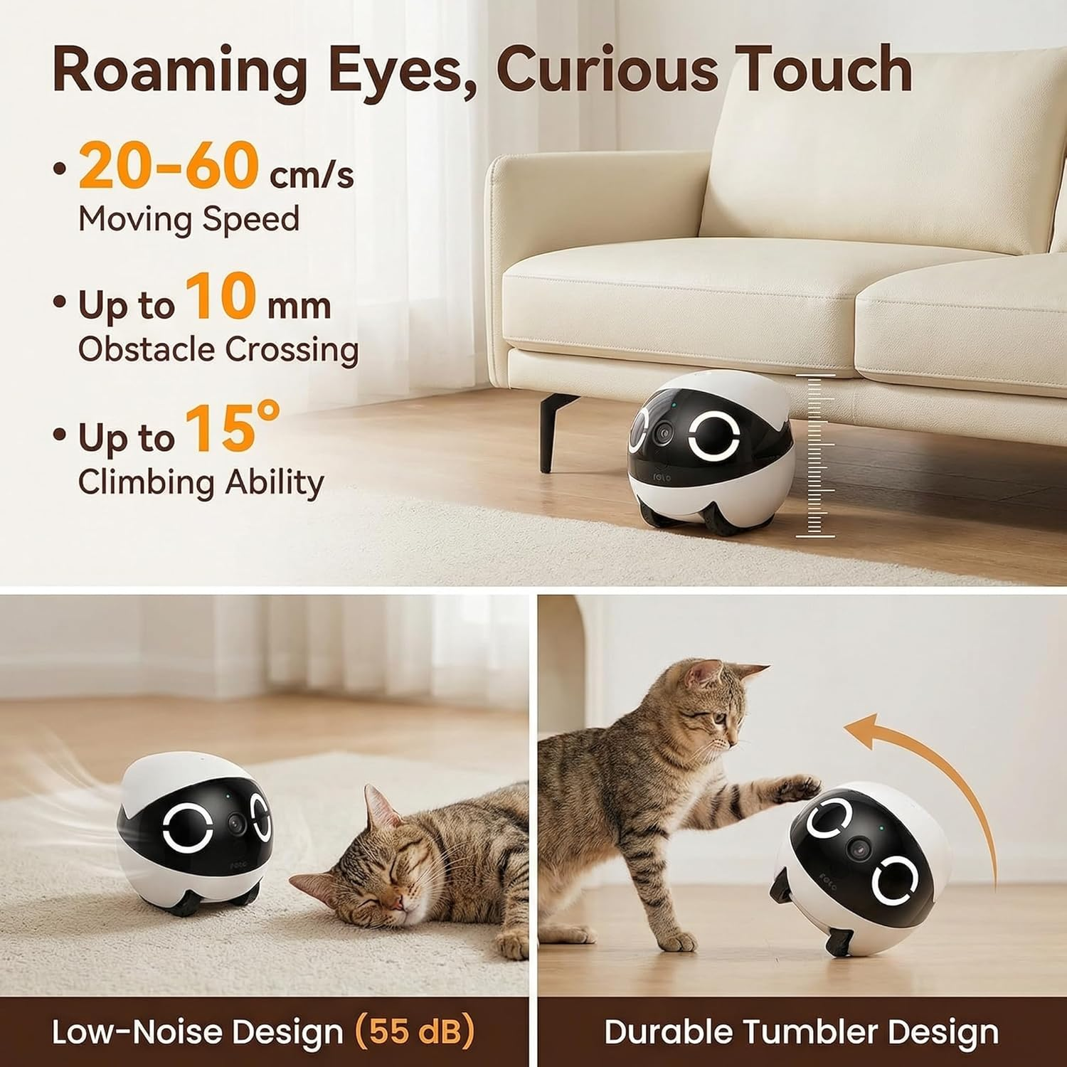 Mini Pet Camera Robot - Enabot EBO ROLA 2K HD Indoor Movable Camera with 5000Mah Battery, Two-Way Talk, Night Vision, Motion Detection, One-Touch Call for Pet Monitoring & Family Companion - Image 2