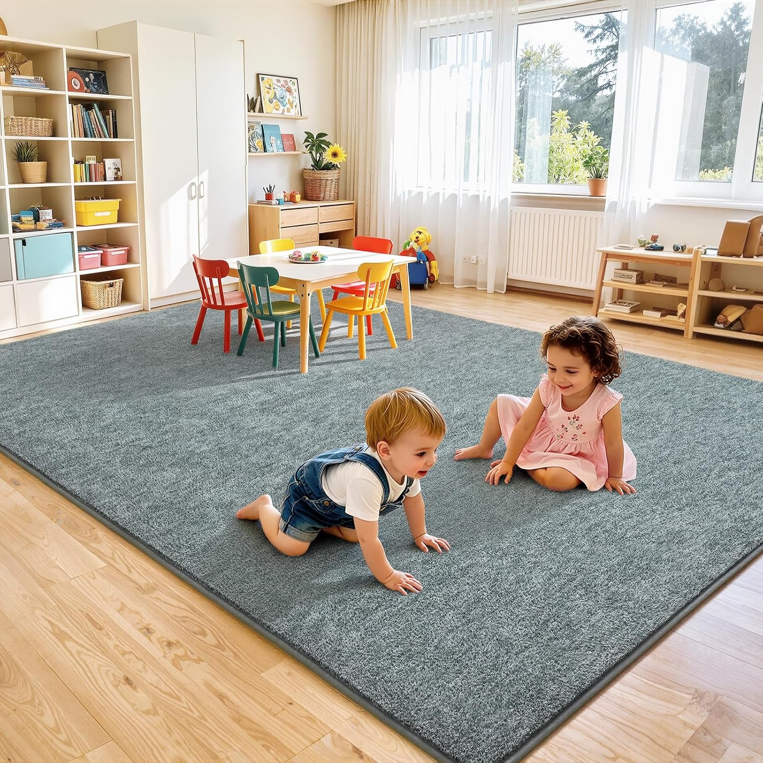 Living Room Rugs 7X10, Soft Modern Large Area Rug for Bedroom Washable Memory Foam Indoor Big Carpet Low Pile Minimalist Non Slip Rug for Classroom Dorm Kids Room Home Decor Grey and Green - Image 8