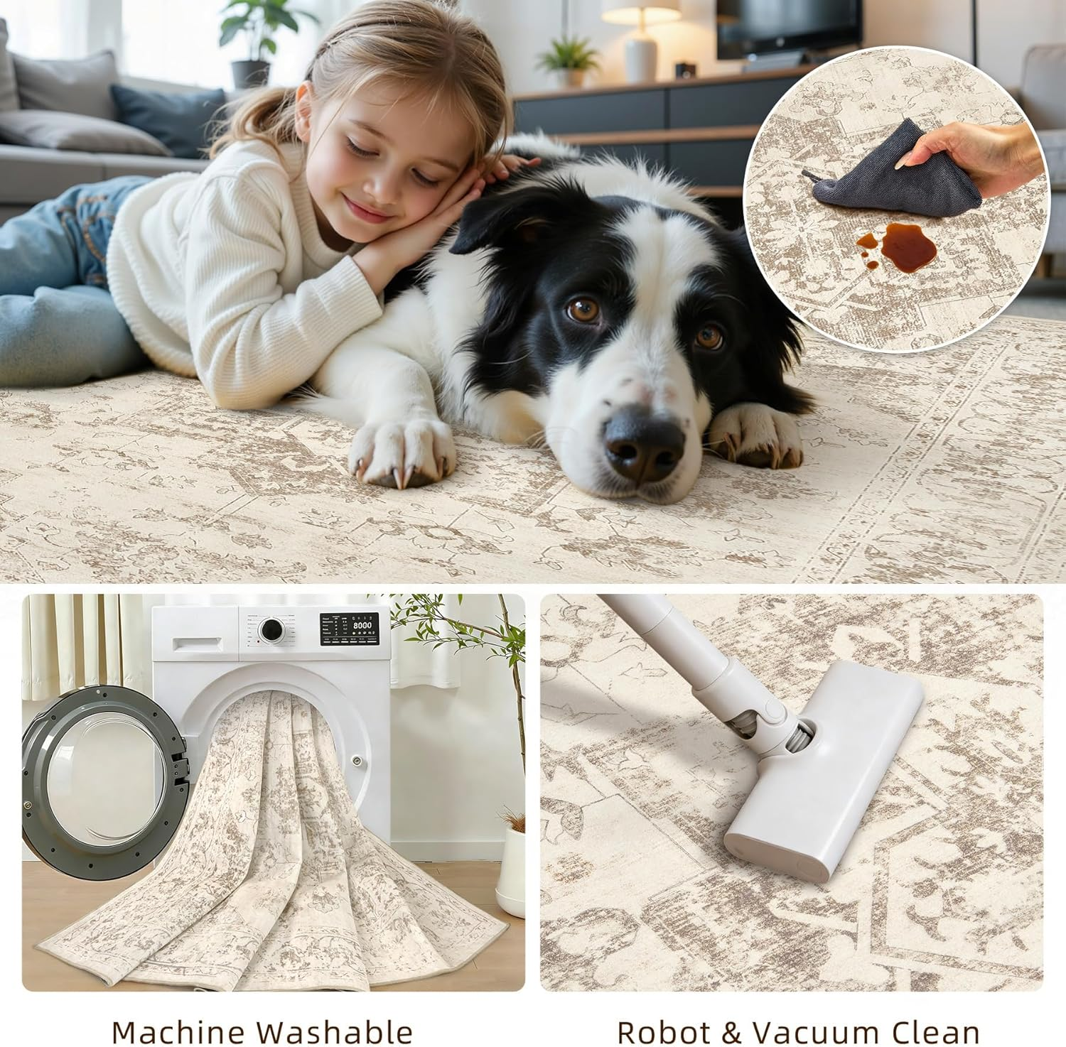 Area Rugs 9X12 Living Room: Vintage Boho Neutral Washable Rug Indoor Soft Large Area Rug Carpet for Bedroom Nursery Farmhouse Dining Room Office Floor Non-Slip Low Pile under Table Rug Beige/Ivory - Image 6