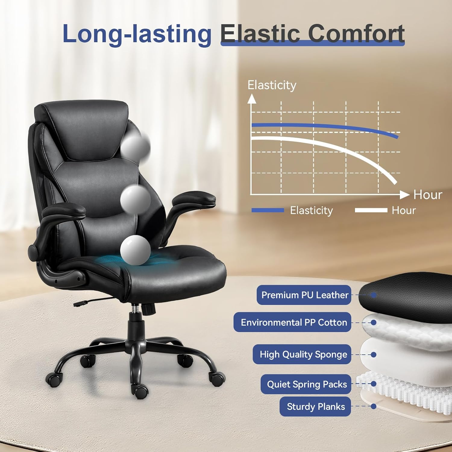 400LBS Big and Tall Office Chair, Heavy Duty Leather Executive Desk Chair with Padded Flip-Up Arms, Swivel Rolling Computer Chair for Home Office, Black - Image 8