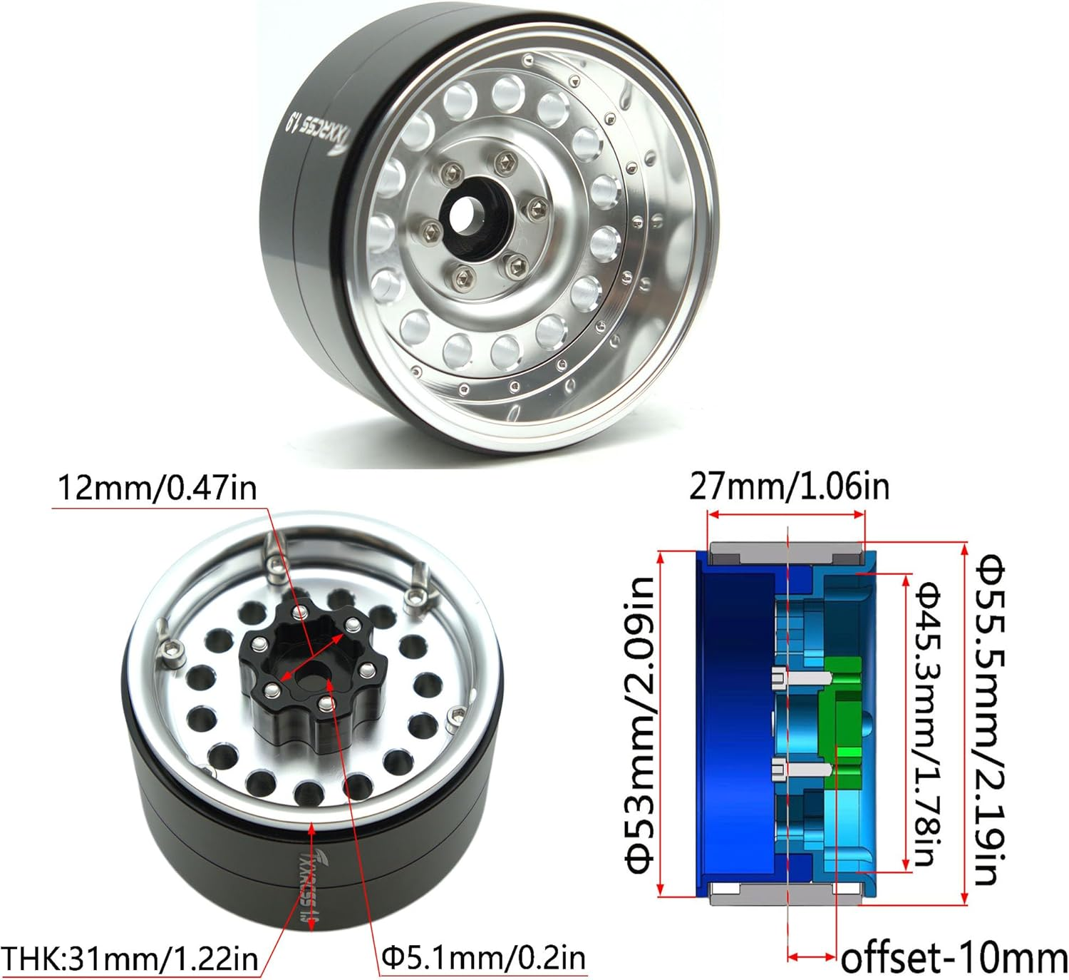 RC 1.9 Inch Beadlock Wheels Negative Offsets 10Mm Rims Hex 12Mm Aluminum Wheel for TRX4 TRX6 SCX10 Gen8 1/10 RC Crawler Remote Control Car Upgrades Accessories 4Pcs (Silver) YK1906 - Image 4