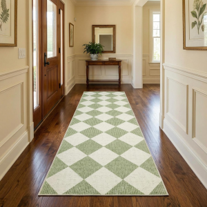 Checkered Rug Runners for Hallways, 2X6 Sage Green Diamond Print Kitchen Runner Non Slip Backing Entryway Rug Thin Laundry Mat Stain Resistant Carpet for Bedroom Bathroom beside Mat