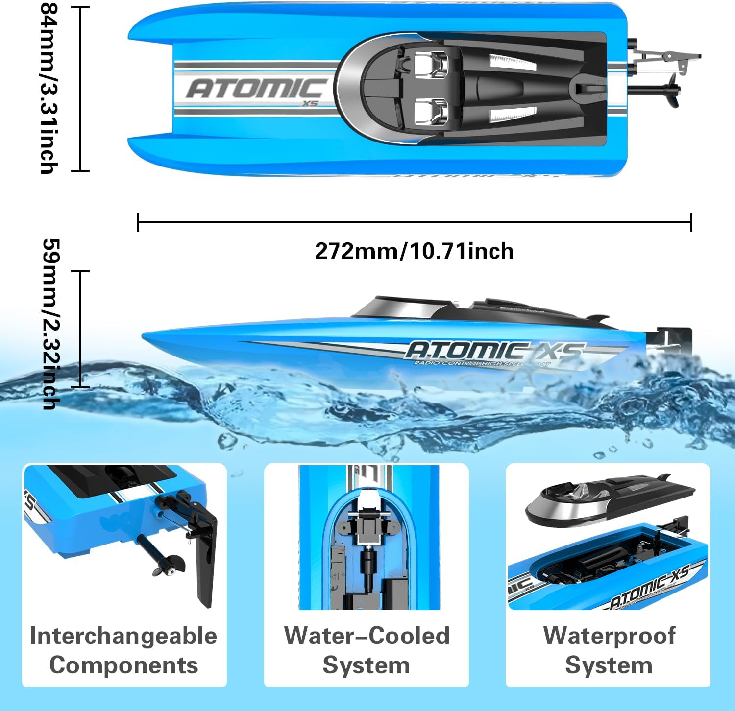 Remote Control Boats for Pools and Lakes 20+MPH Atomicxs High Speed RC Boat for Adults Toy Boat Gifts with 2 Batteries & Reverse Function (795-5 Blue) - Image 5