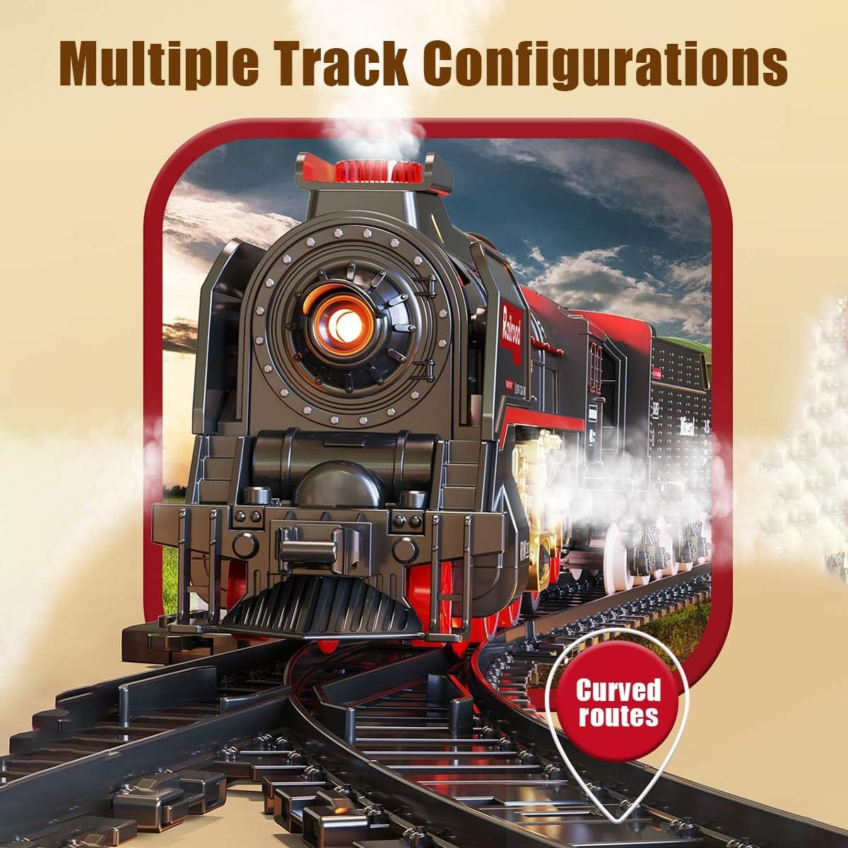 Christmas Electric Remote Control Train Set with Smoke, Lights, Sound, Locomotive Train Model with Track, Remote Carriage, USB Rechargeable, Gifts for Train Lovers - Image 3