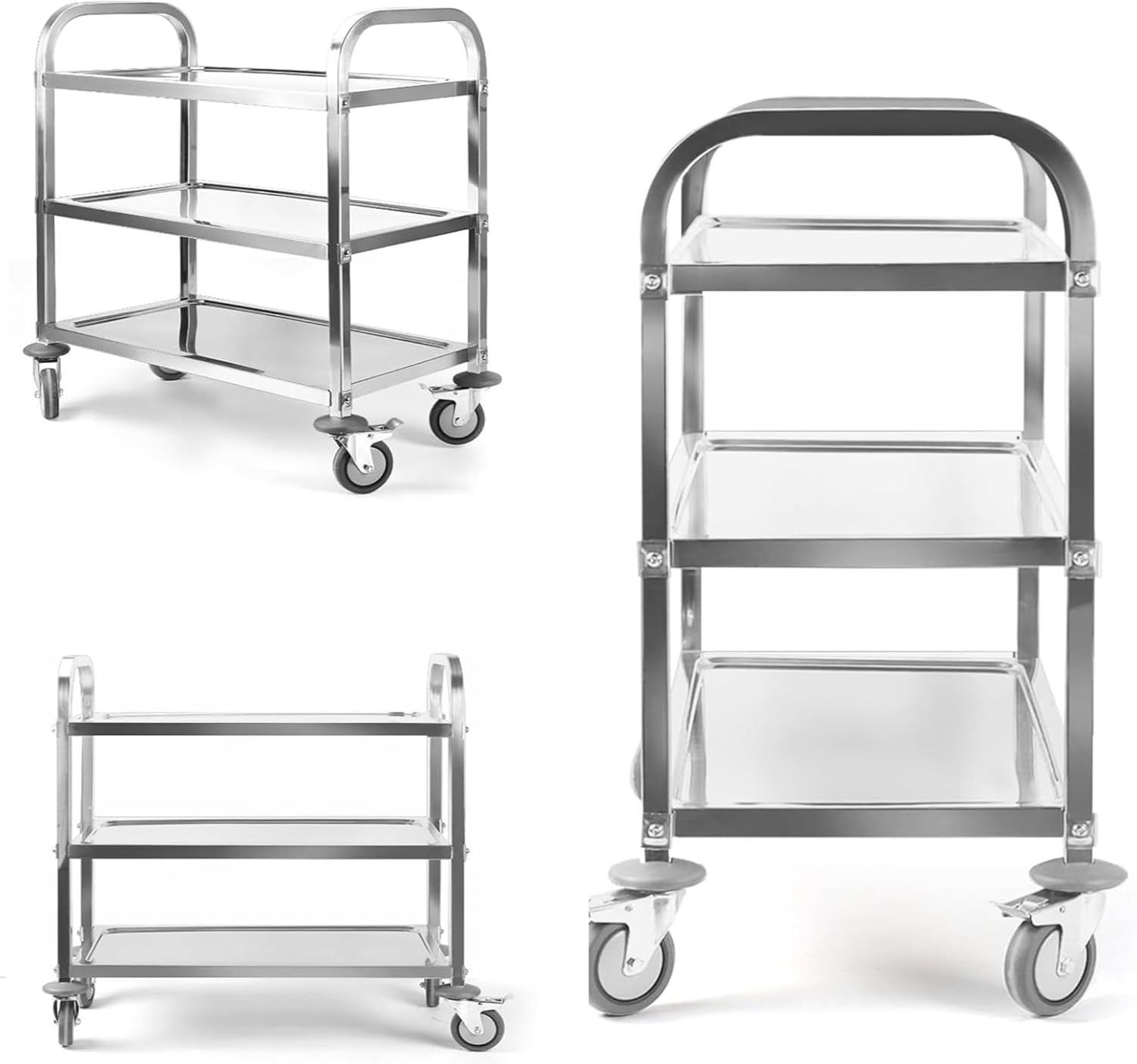 3 Tier Stainless Steel Utility Cart L30 X W16 X H33 Inch Kitchen Rolling Carts with Wheels Serving Trolley Catering Storage Shelf with 2 Lockable Wheels for Hotel Restaurant Home Use - Image 6