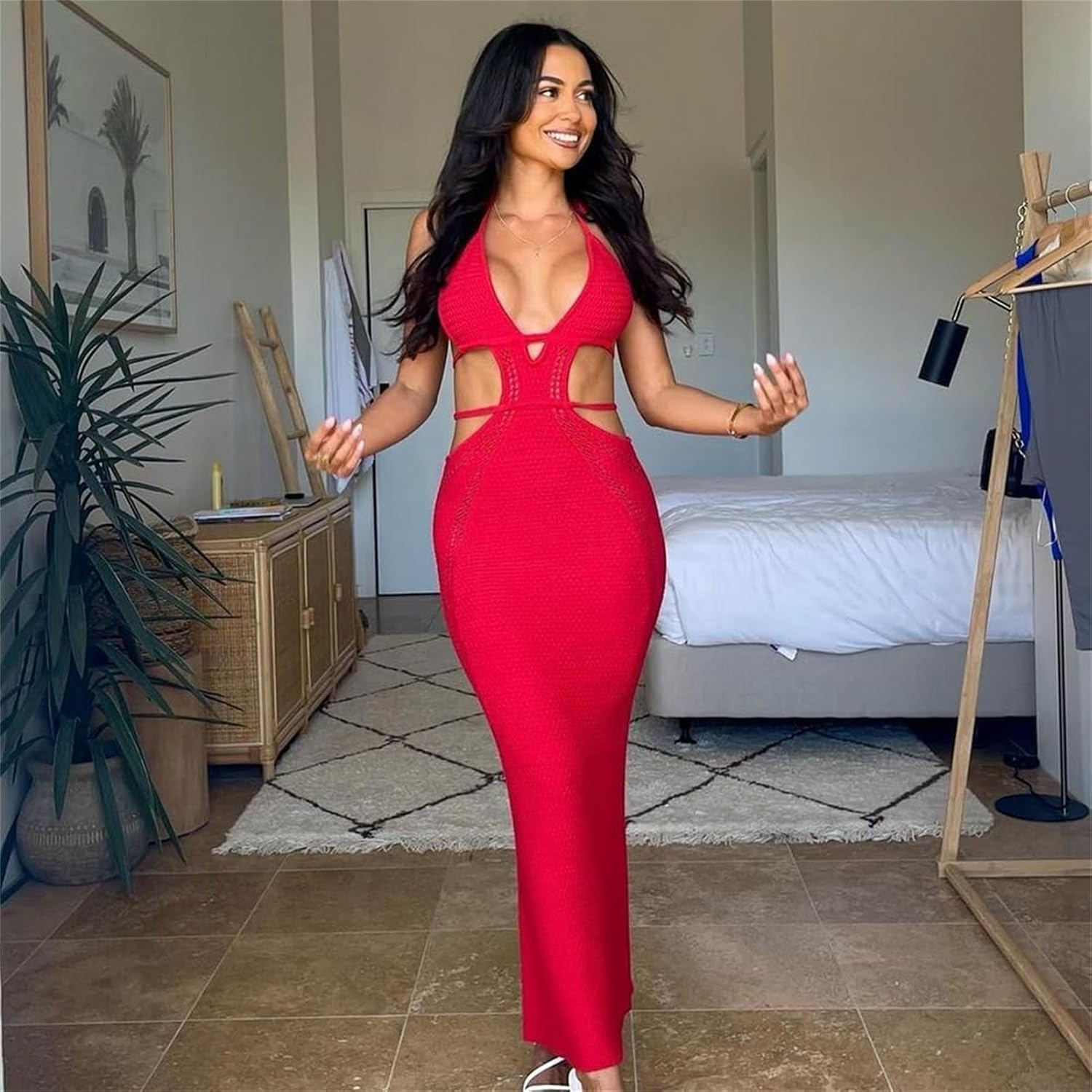 Women Sexy Crochet Maxi Dress Cut Out Halter V Neck Backless Knit Bodycon Long Dress Summer Beach Evening Party Dresses - Image 4