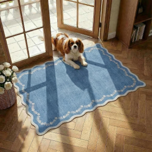 Scalloped Entryway Rug, 2X3 Solid Blue Washable Front Door Rug Indoor Entrance Floral Carpet Non-Slip Low Pile Throw Rugs for Kitchen Floor, Powder Room, Entry, Bathroom, Kids Room