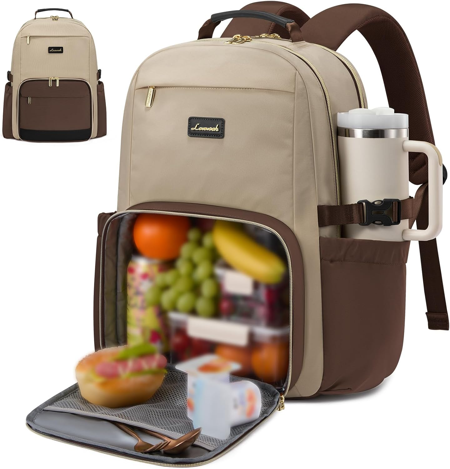 Lunch Backpack with Lunch Compartment,15.6Inch Laptop Work Travel Insulated Cooler Backpack,Waterproof College Teacher Lunch Bag Box with Tumbler Holder,Gifts for Men Women,Khaki-Coffee-Black