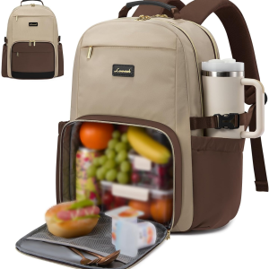Lunch Backpack with Lunch Compartment,17 Inch Laptop Work Travel Insulated Cooler Backpack, Waterproof College Teacher Lunch Bag Box with Tumbler Holder,Gifts for Men Women,Khaki-Coffee-Black