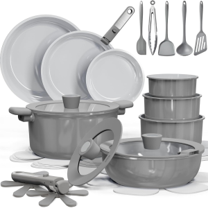 27Pcs Ceramic Cookware Set Nonstick, Pots and Pans Set Non Stick, Non Toxic Cookware Detachable Handles, Dishwasher/Oven Safe, Rv/Camping Cookware with Kitchen Utensils, Gray