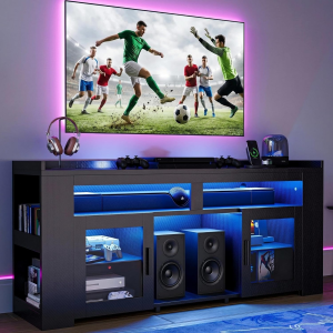 TV Stand for Tvs up to 60" with Charging Station, LED Entertainment Center, Modern Carbon Fiber Media Console with Adjustable Glass Shelves & 2 Doors, Organize Your Gaming & Living Room, Black