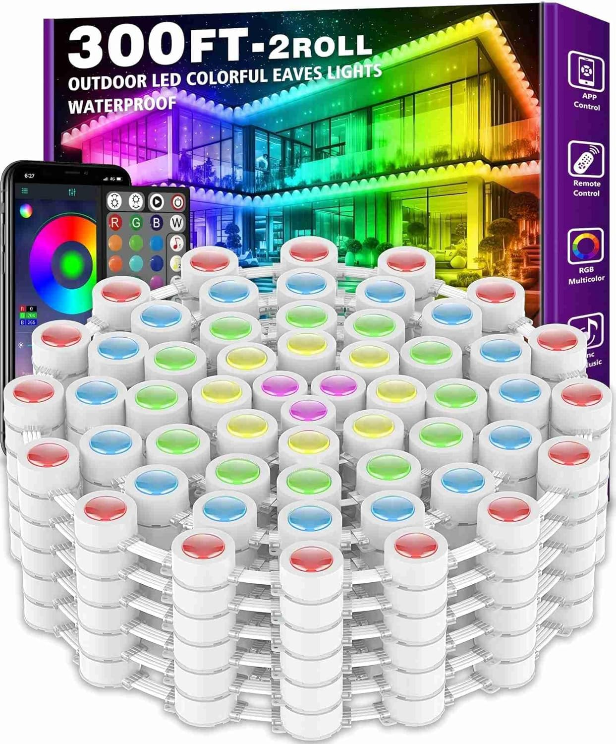 300FT Permanent Outdoor RGB Lights - IP67 Waterproof with Smart App Control Remote,Diy Scene Modes, Music Synchronization,Eaves Lights for Garden Decor,Deck,Christmas