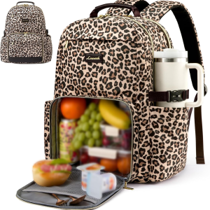 Lunch Backpack with Lunch Compartment,17 Inch Laptop Work Travel Insulated Cooler Backpack Purse,Waterproof College Teacher Lunch Bag Box with Tumbler Holder,Gift for Men Women,Leopard Print