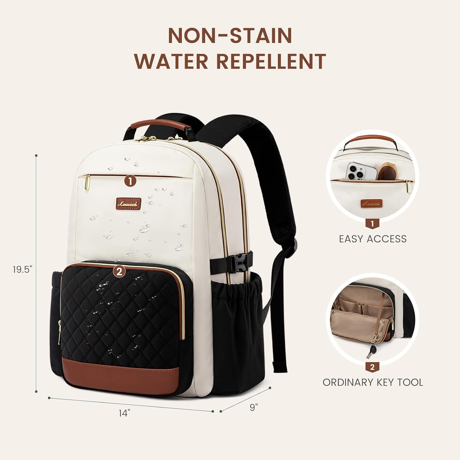 Laptop Backpack for Women with Pouch Pocket for Large Capacity Cup,18 Inch Teacher Nurse College Work Travel Backpack Purse,Waterproof Laptop Computer Bags,Beige-Black-Brown+Diamond-Shaped - Image 4
