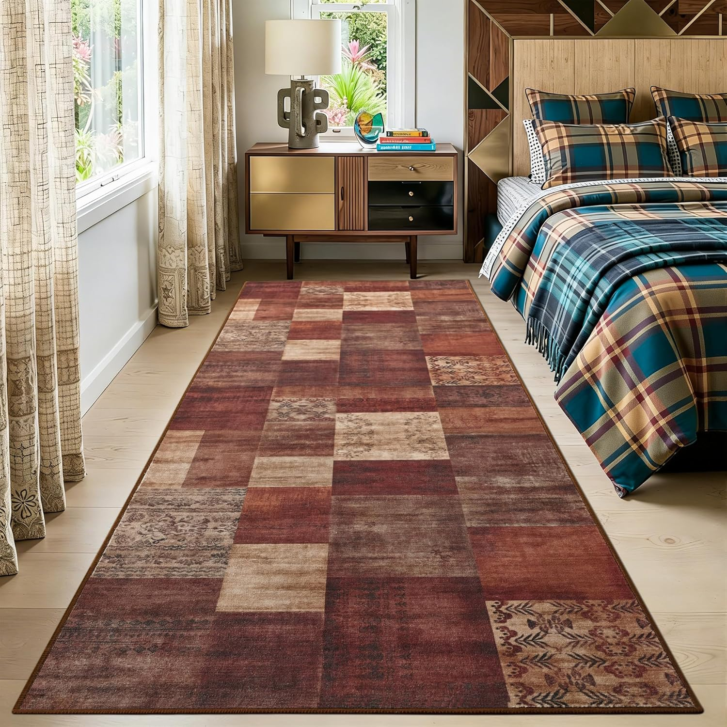 Modern Runner Rug for Living Room, 2X6 Washable Rugs for Bedroom Hallway, Geometric Patchwork Runner Rug Non-Slip Indoor Throw Carpet for Entryway Kitchen Office Home Decor, Red