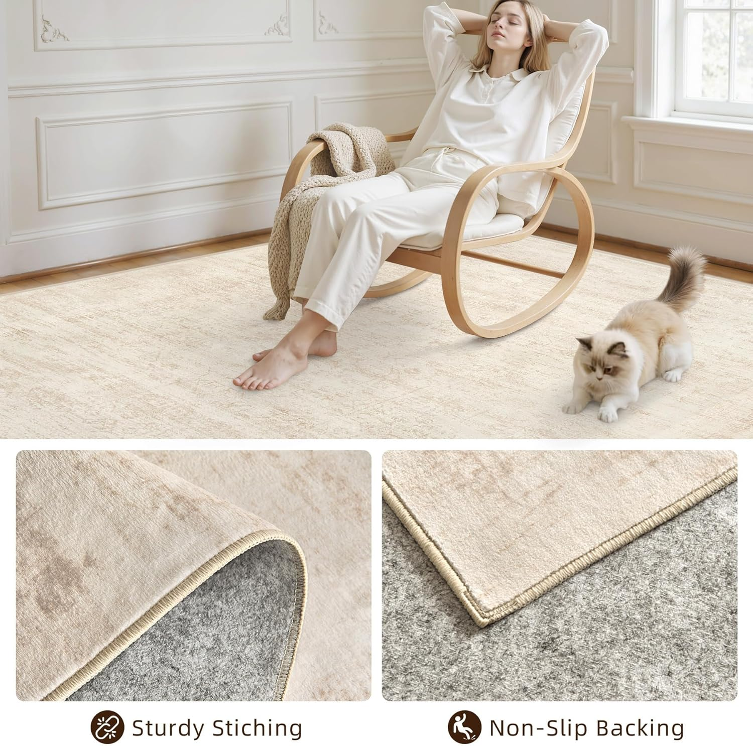 10X14 Area Rug for Living Room: Vintage Boho Neutral Washable Rug Indoor Soft Large Area Rug Carpet for Bedroom Nursery Farmhouse Dining Room Office Floor Non-Slip Low Pile under Table Rug Retro Beige - Image 4