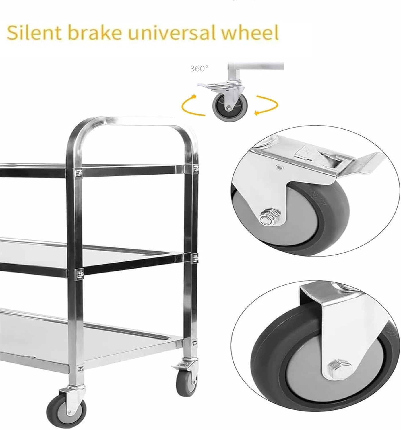 3 Tier Stainless Steel Utility Cart L30 X W16 X H33 Inch Kitchen Rolling Carts with Wheels Serving Trolley Catering Storage Shelf with 2 Lockable Wheels for Hotel Restaurant Home Use - Image 4
