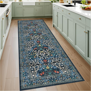 Kitchen 2X6 Runner Rug, Floral Washable Rugs for Hallways Non Slip Stain Resistant, Boho Soft Rug Botanical Carpet for Entryway, Laundry Room, Bedroom Floor Mat, Dark Blue