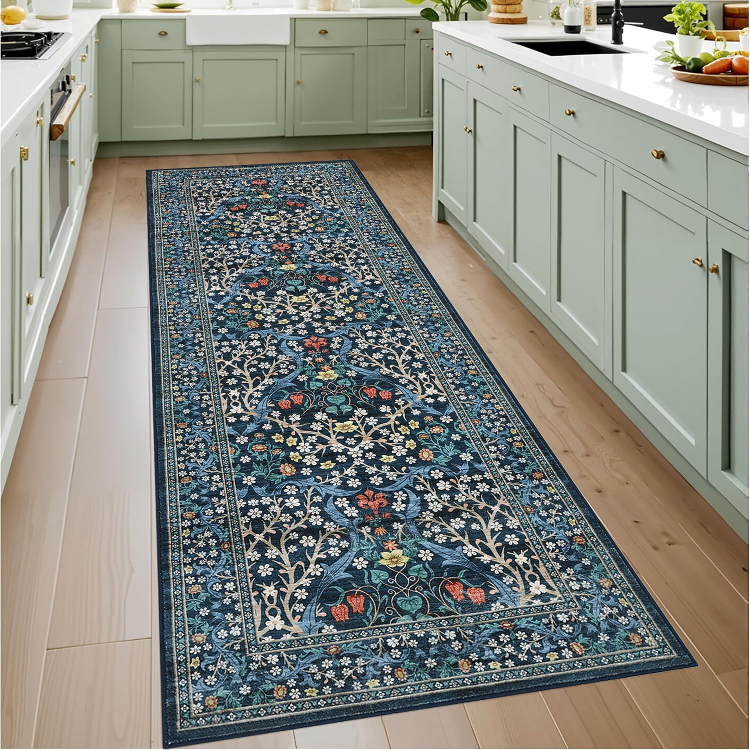 Kitchen 2X6 Runner Rug, Floral Washable Rugs for Hallways Non Slip Stain Resistant, Boho Soft Rug Botanical Carpet for Entryway, Laundry Room, Bedroom Floor Mat, Dark Blue