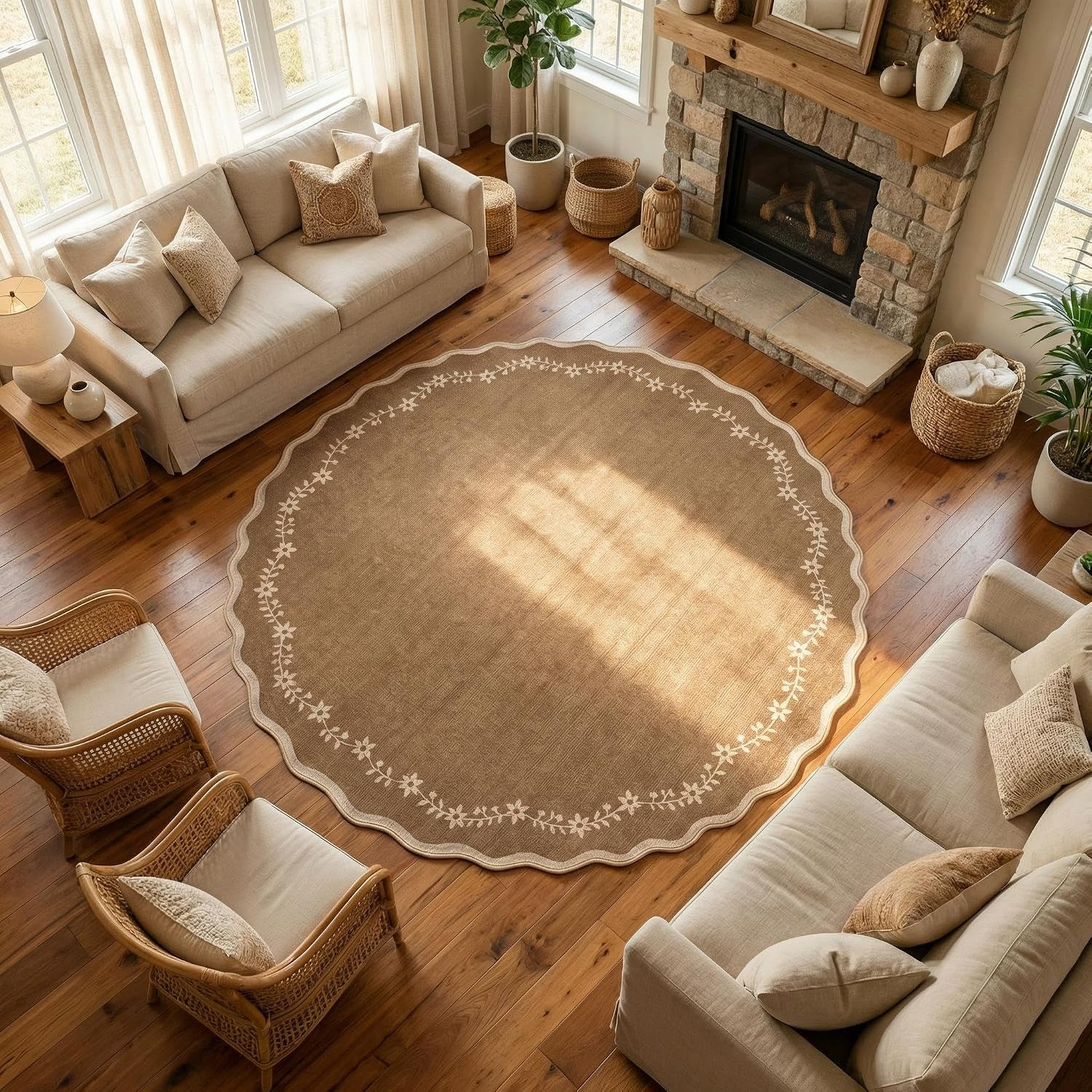 round Area Rugs 6Ft for Bedroom, Solid Brown Washable Circle Rug Soft Non Slip Floral Print Floor Mat Leaves Carpet Indoor Thin Rug for Living Room Dining Room Playroom Nursery - Image 2