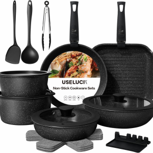 19 Pcs Pots and Pans Set Non Stick, Stackable Cookware Sets with Detachable Handle, Granite Induction RV Kitchen Portable Cooking Set Removable Handles, Dishwasher ＆ Oven Safe, Black