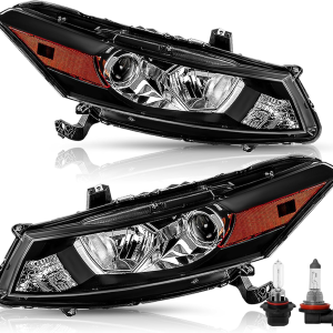 Headlight Assembly Pair [Bulbs Included] Compatible with 2008-2012 Honda Accord 2-Door Coupe OEM Projector Headlamp (Black Housing with Amber Reflector)