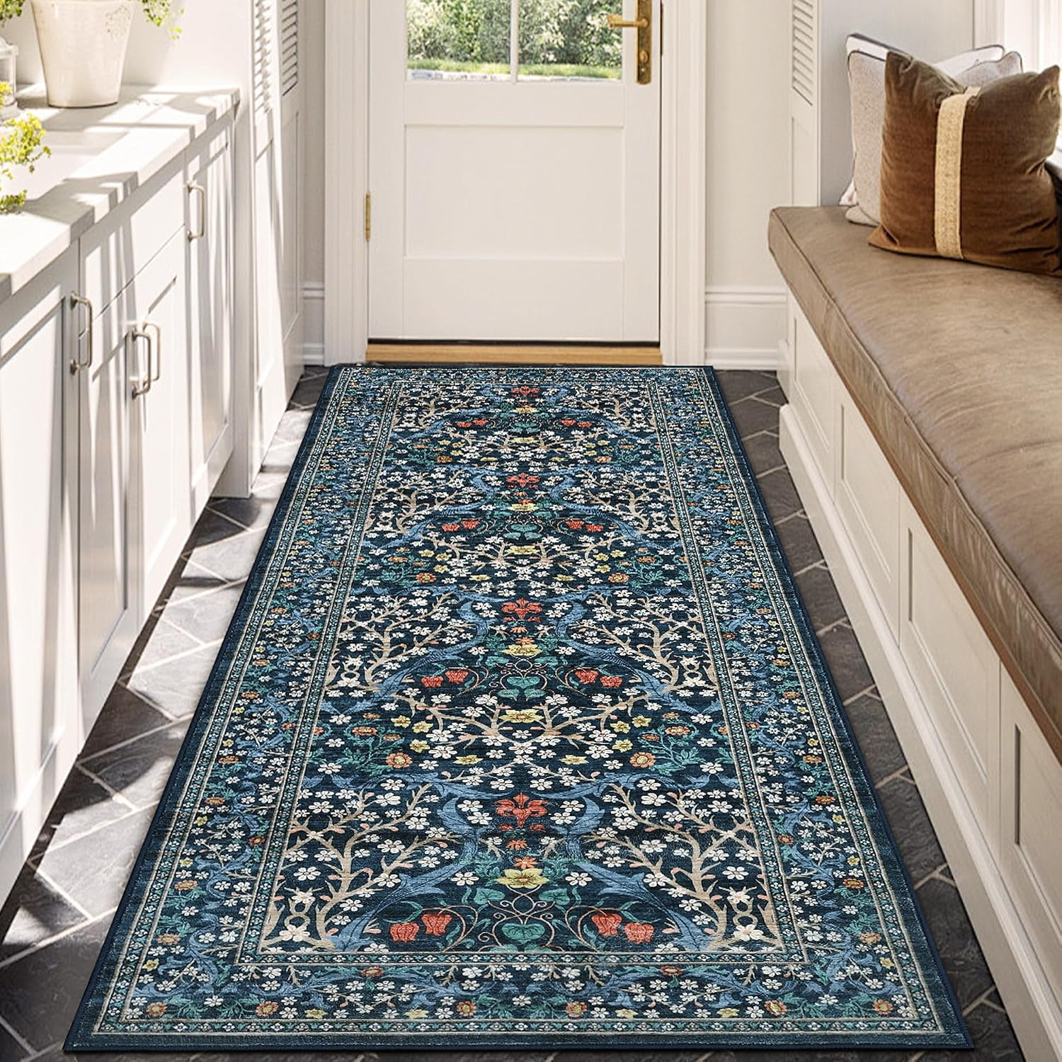 Kitchen 2X6 Runner Rug, Floral Washable Rugs for Hallways Non Slip Stain Resistant, Boho Soft Rug Botanical Carpet for Entryway, Laundry Room, Bedroom Floor Mat, Dark Blue - Image 7