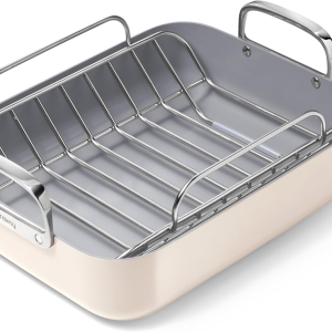 Caraway Roasting Pan - 16X13” Roasting Pan with Rack - Non-Stick Ceramic Coated - Non Toxic, PTFE & PFOA Free - Oven Safe & Compatible with All Stovetops - Cream