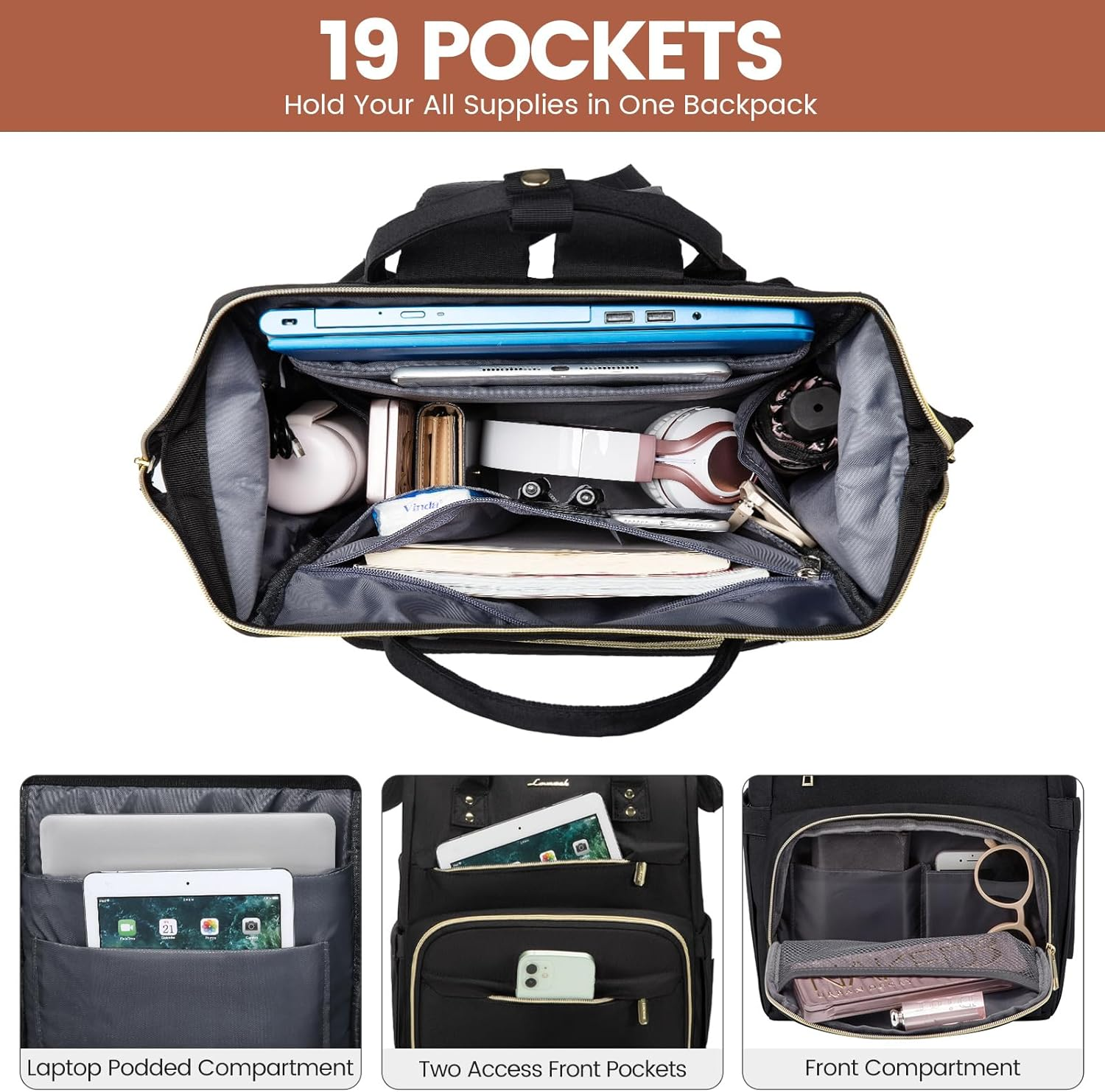 Laptop Backpack,15.6 Inch Professional Womens Purse Computer Bag Nurse Teacher Backpack,Waterproof College Work Bags Carry on Travel Back Pack with USB Port,Black - Image 2