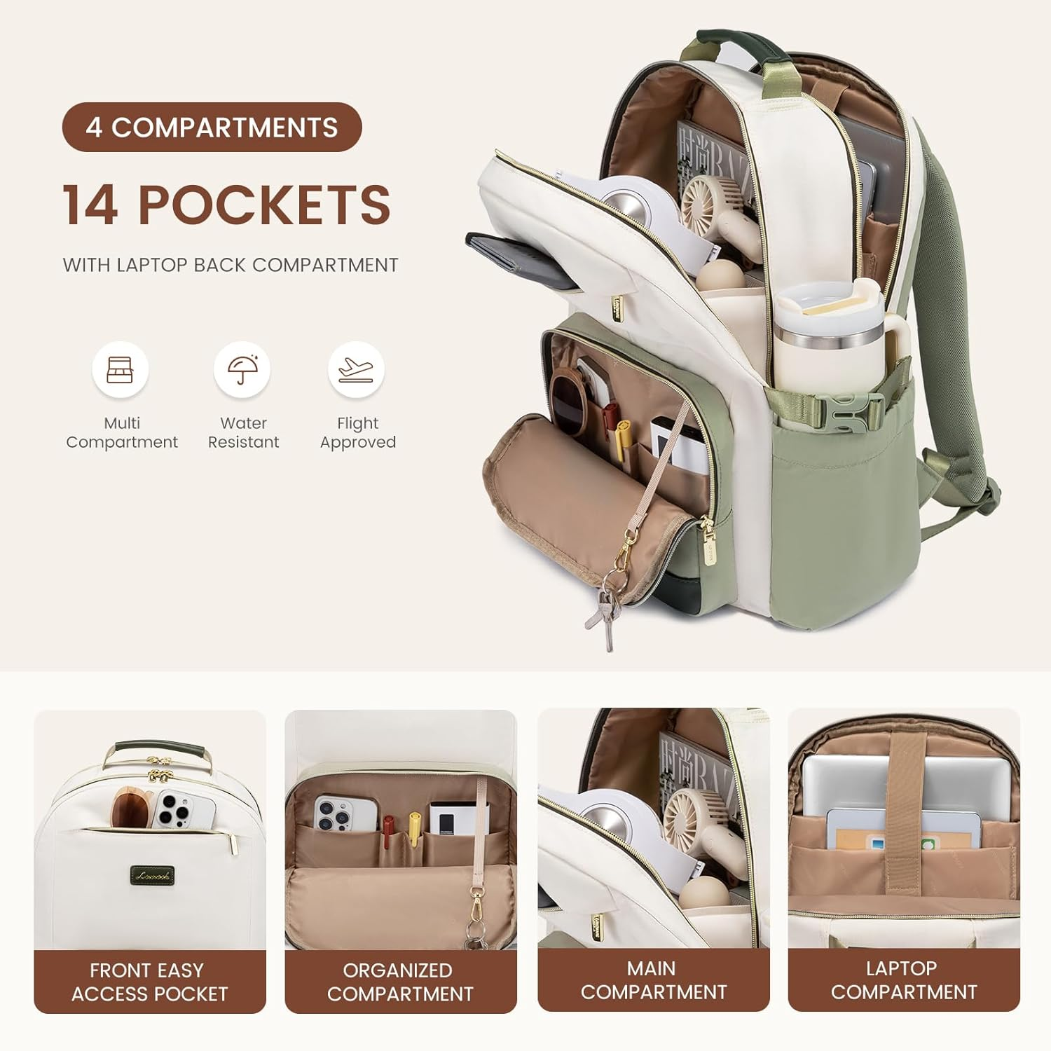Laptop Backpack for Women with Pouch Pocket for Large Capacity Cup,15.6 Inch Teacher Nurse College Work Backpack Purse,Waterproof Laptop Bag Computer Back Pack for Travel, Beige-Green-Black - Image 3