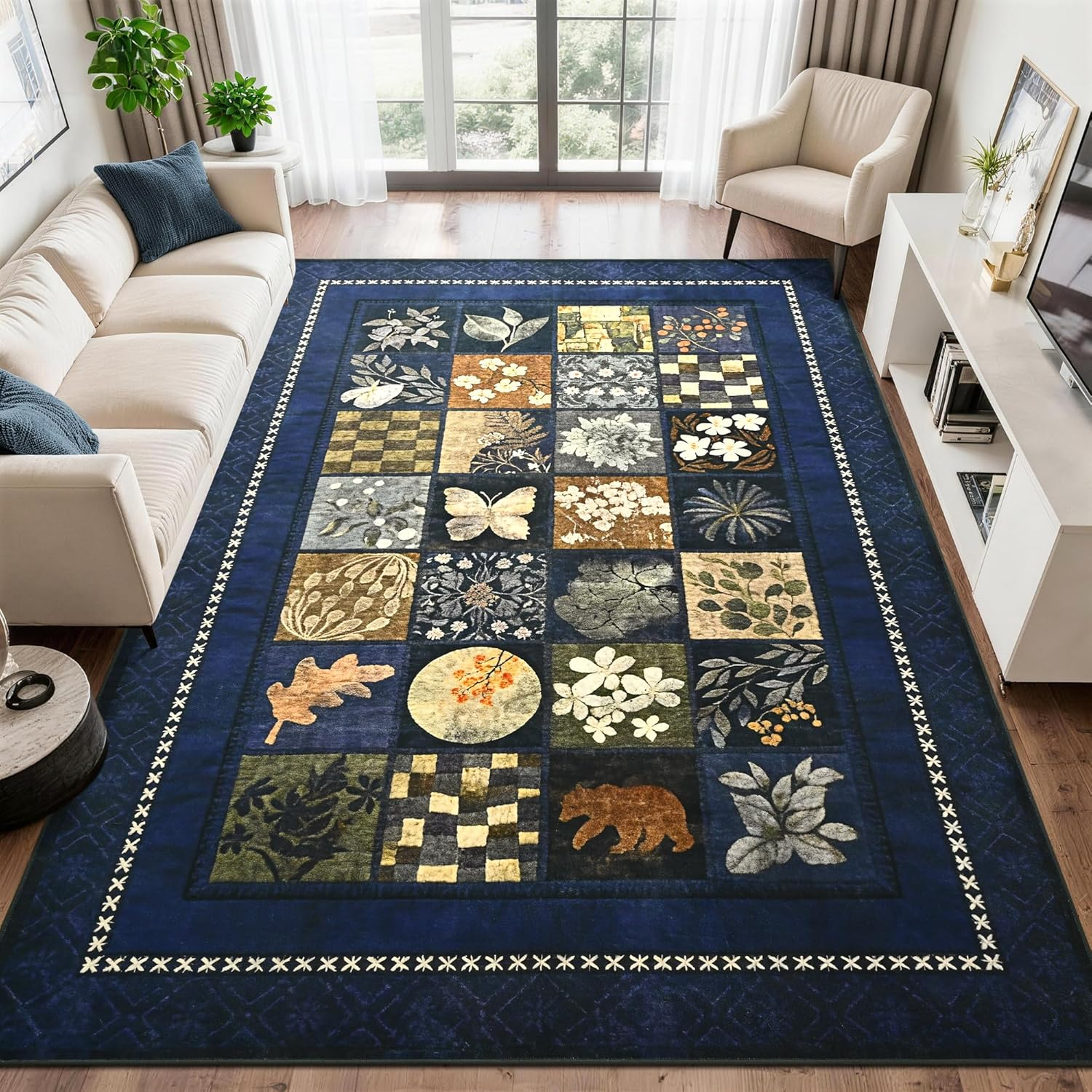4X6 Area Rugs for Living Room, Modern Large Geometric Rug for Bedroom, Washable Patchwork Rug Indoor Non Slip Throw Carpets for Dining Room Office Farmhouse Home Decor, Navy Blue - Image 2