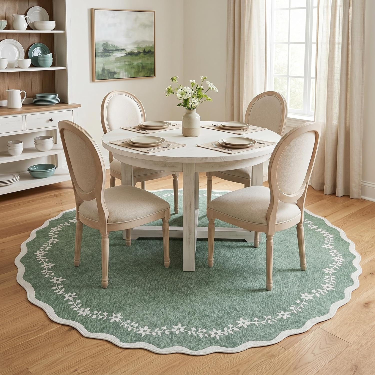 round Area Rugs 4Ft for Kids Room, Sage Green Scalloped Washable Circle Rug Soft Non Slip Floral Print Floor Mat Carpet Indoor Thin Tent Rug for Bedroom Dining Room Playroom Nursery - Image 2